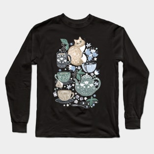 Cup of Tea with a Coffee Cat Long Sleeve T-Shirt